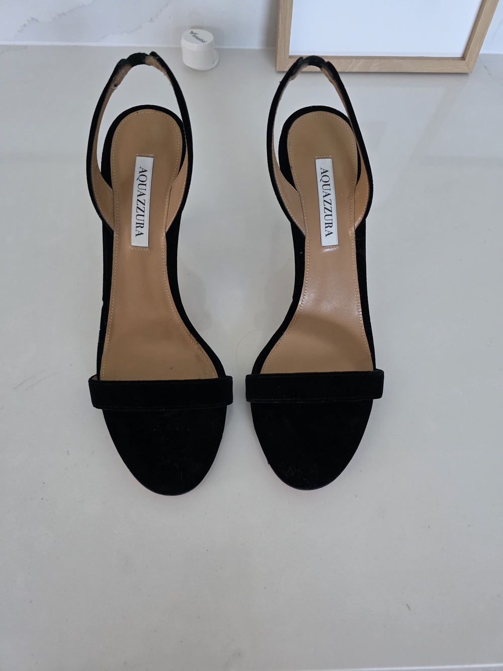 Aquazzura Black Suede Open-Toe Slingback Heels